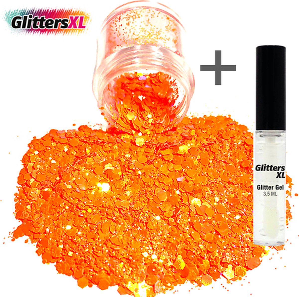 GlittersXL - Chunky Glitters (Oranje) (Volume 8g) + Glitter Huid Lijm [Festival Makeup Gezicht Lichaam - Face Body Glitter - Biologisch afbreekbaar - Versiering Dames Volwassen Kinderen]